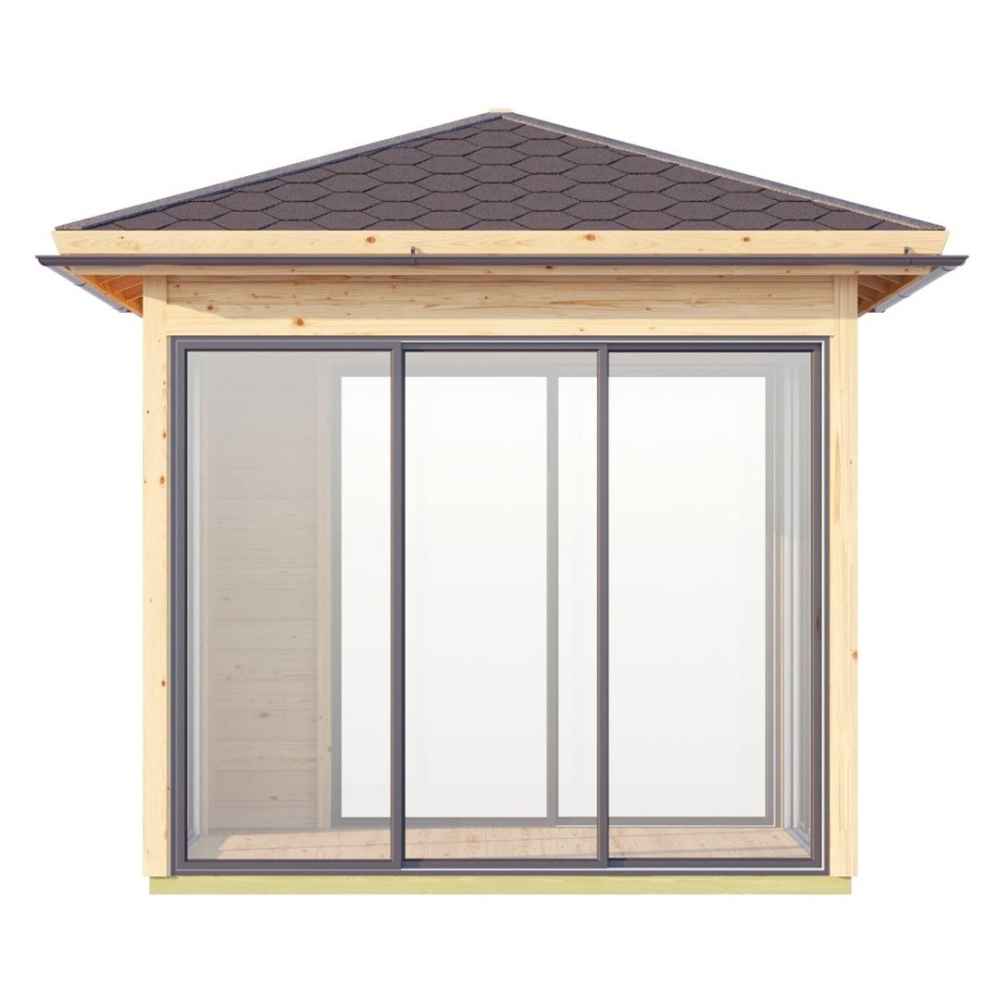 Straight-on view of the GardenHouse24 USA Glaspavillon ALU 44D ISO Garden Room, focusing on its floor-to-ceiling glass wall framed in soft wood tones