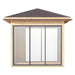 Straight-on view of the GardenHouse24 USA Glaspavillon ALU 44D ISO Garden Room, focusing on its floor-to-ceiling glass wall framed in soft wood tones