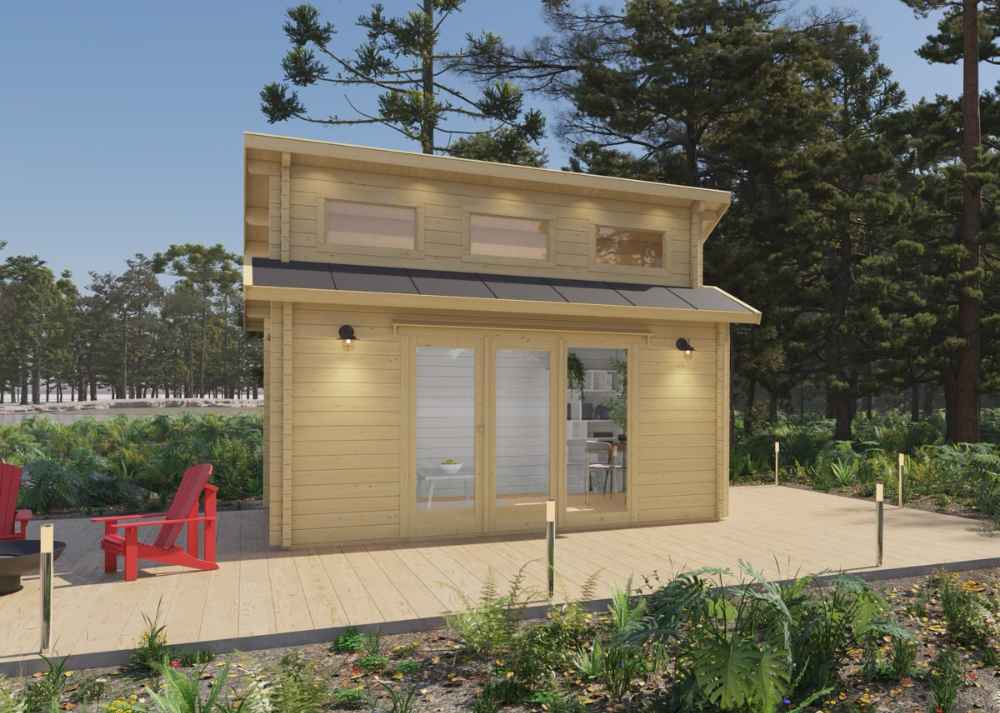 Straight-on view of the Sawmill Structures The Versa 160 Atrium 70MM Garden Room reveals its tall upper windows, wood exterior, and a patio with red Adirondack chairs