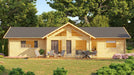 Straight-on view reveals the symmetrical facade, multiple entrances, and a fully furnished deck of the GardenHouse24 USA Francesca 70 Garden Room