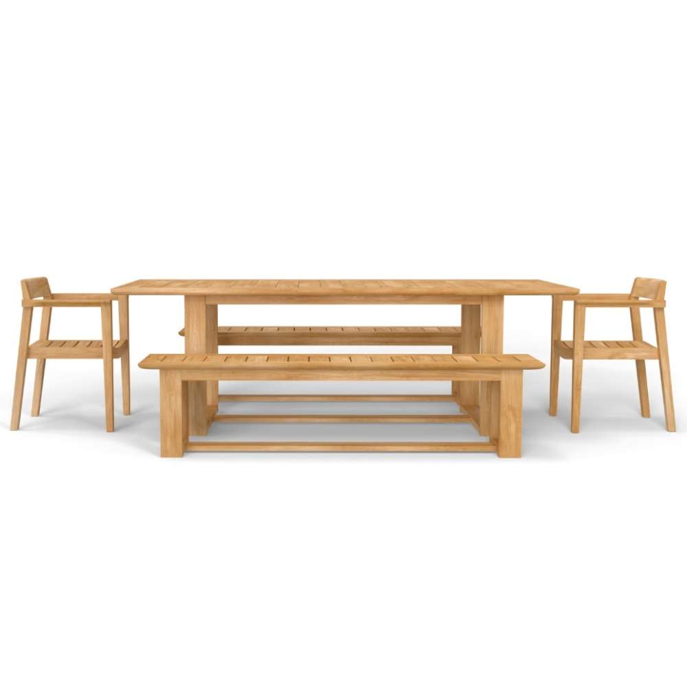 Straight side view displays the long rectangular table with matching benches and chairs aligned neatly, representing Westminster Teak Horizon Table & Bench Set