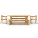 Straight side view displays the long rectangular table with matching benches and chairs aligned neatly, representing Westminster Teak Horizon Table & Bench Set