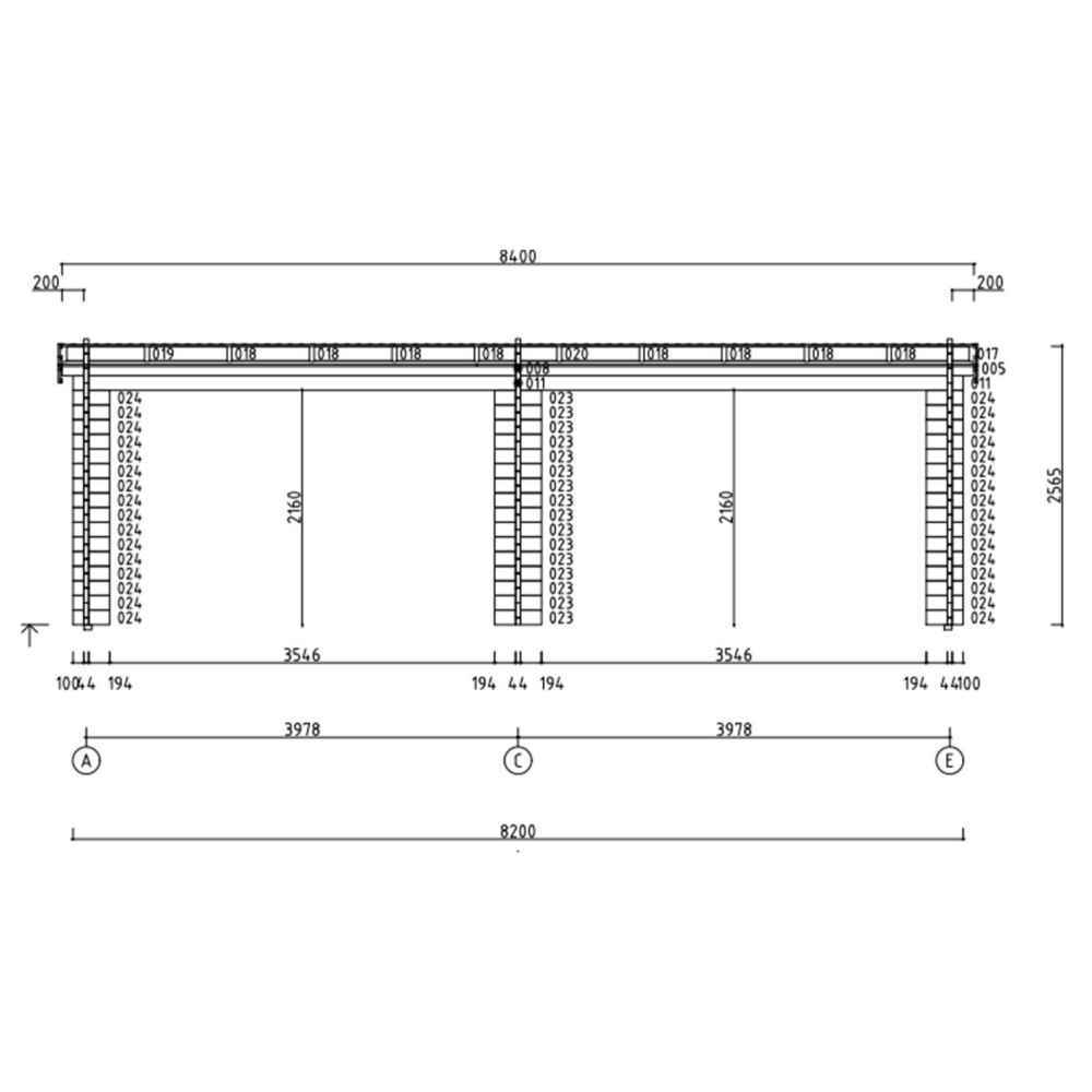 Structural cross-section of the GardenHouse24 USA ALU Concept Lounge 44B Garden Room reveals internal wall framing and roof support dimensions