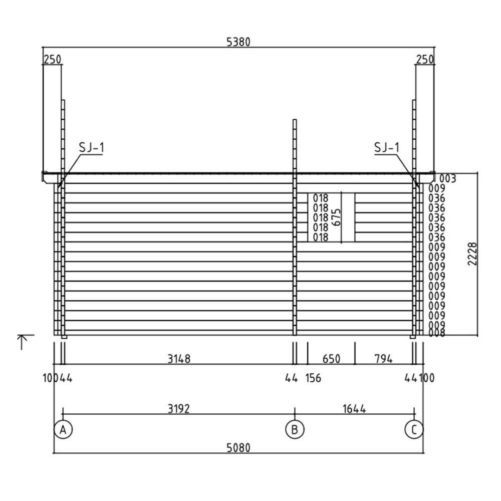 Structural side view diagram of the GardenHouse24 USA Lerum 44 Garden Room displays the exterior wall length and window alignment