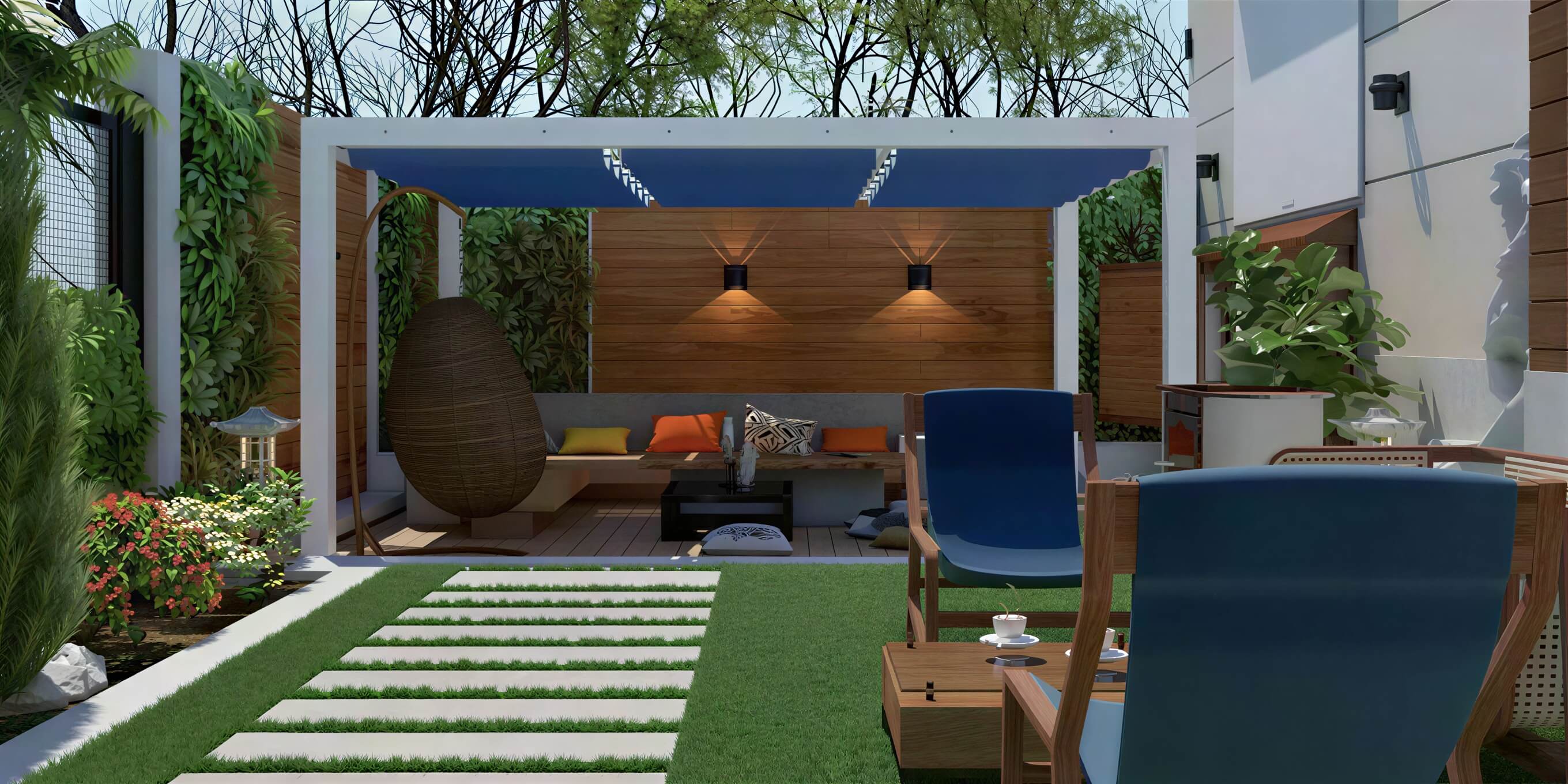 Structureworks Breeze Aluminum Pergola covers a stylish outdoor patio with comfortable seating, garden plants, and stepping-stone paths across the grass