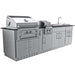 Studio display of a full stainless steel island from the Sunstone Alamo 10ft Outdoor Cabinet Island Package with Hybrid Grill