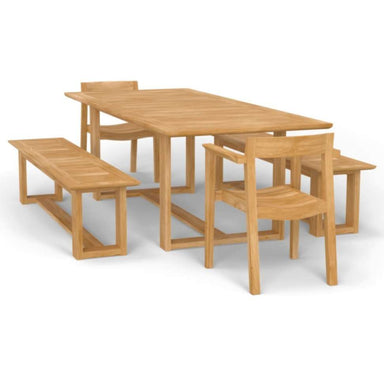 Studio image shows the complete Westminster Teak Horizon Table & Bench Set including a rectangular table, two benches, and two armchairs on a plain background