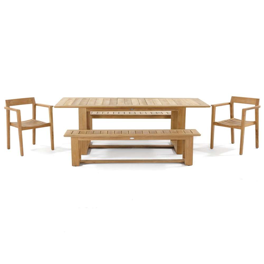 Studio image shows the full dining set with table, bench, and two chairs arranged symmetrically on a white background as part of Westminster Teak Horizon Table & Bench Set