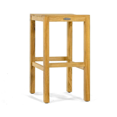 Sturdy wooden stool with a slatted square seat and four straight legs is shown from the front, labeled as Westminster Teak Somerset Backless Bar Stool