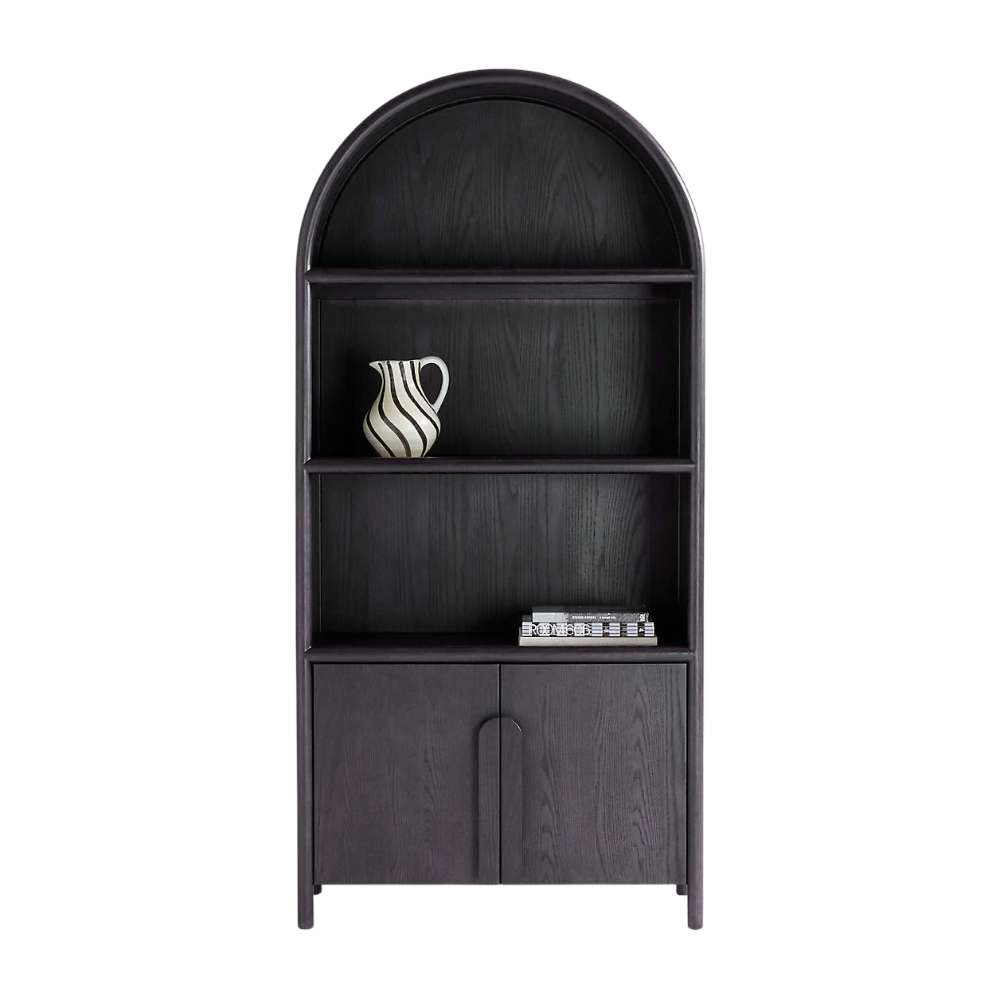 Styled Crate & Barrel Annie 38" Charcoal Brown Wood Storage Bookcase with Shelves displaying decorative accents and books on open shelves