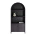 Styled Crate & Barrel Annie 38" Charcoal Brown Wood Storage Bookcase with Shelves displaying decorative accents and books on open shelves