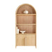 Styled Crate & Barrel Annie 38" Natural Wood Storage Bookcase with Shelves displaying decorative objects and books on open shelves