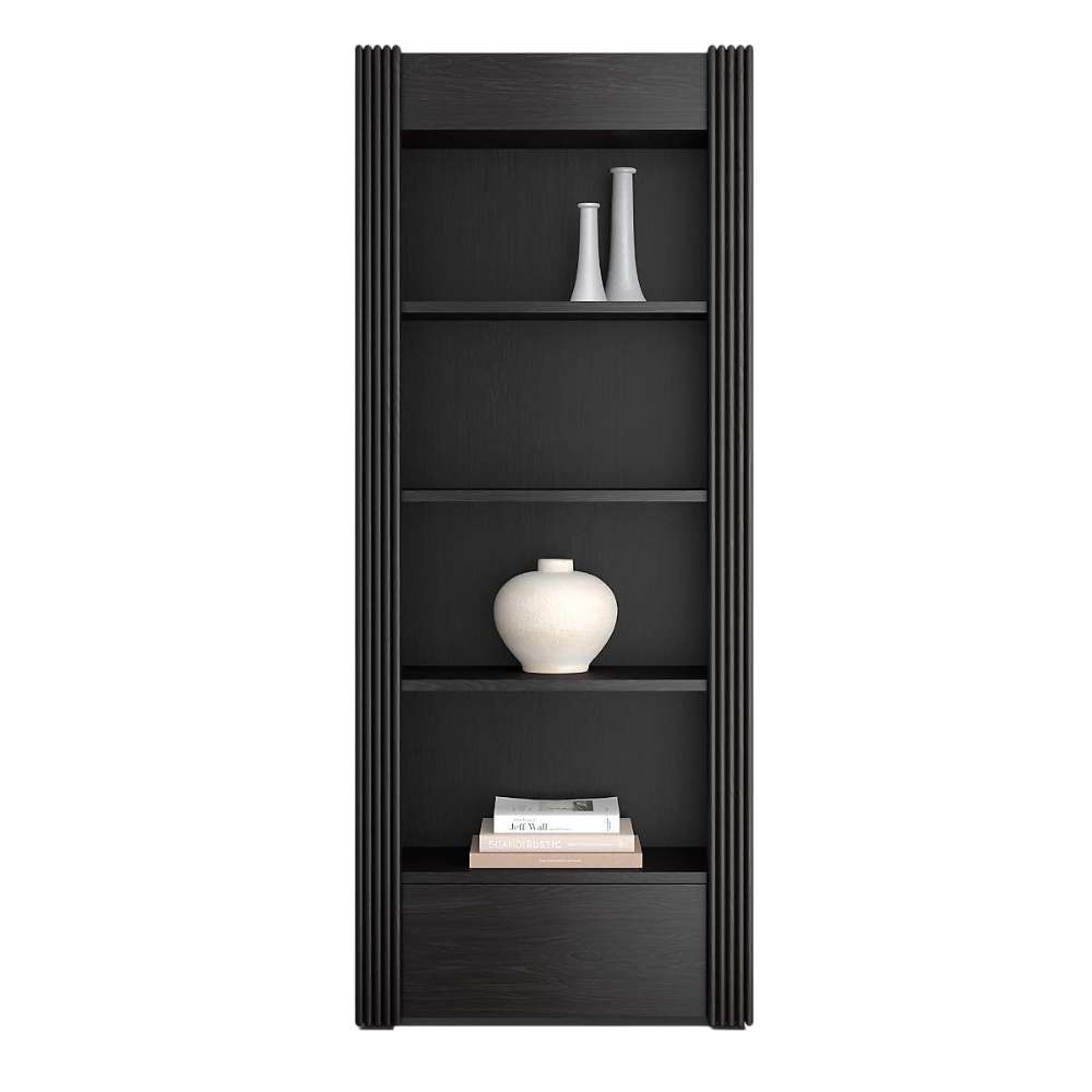 Styled shelf display on Crate & Barrel Siena 34" Black Wood 4-Shelf Storage Bookcase with Drawer with books vases and decor