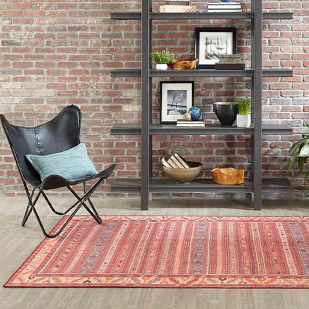Styled in a modern living room, the Momeni Afshar Indoor Rug - AFS-5 Multi adds warmth and character with its colorful tribal-inspired stripes