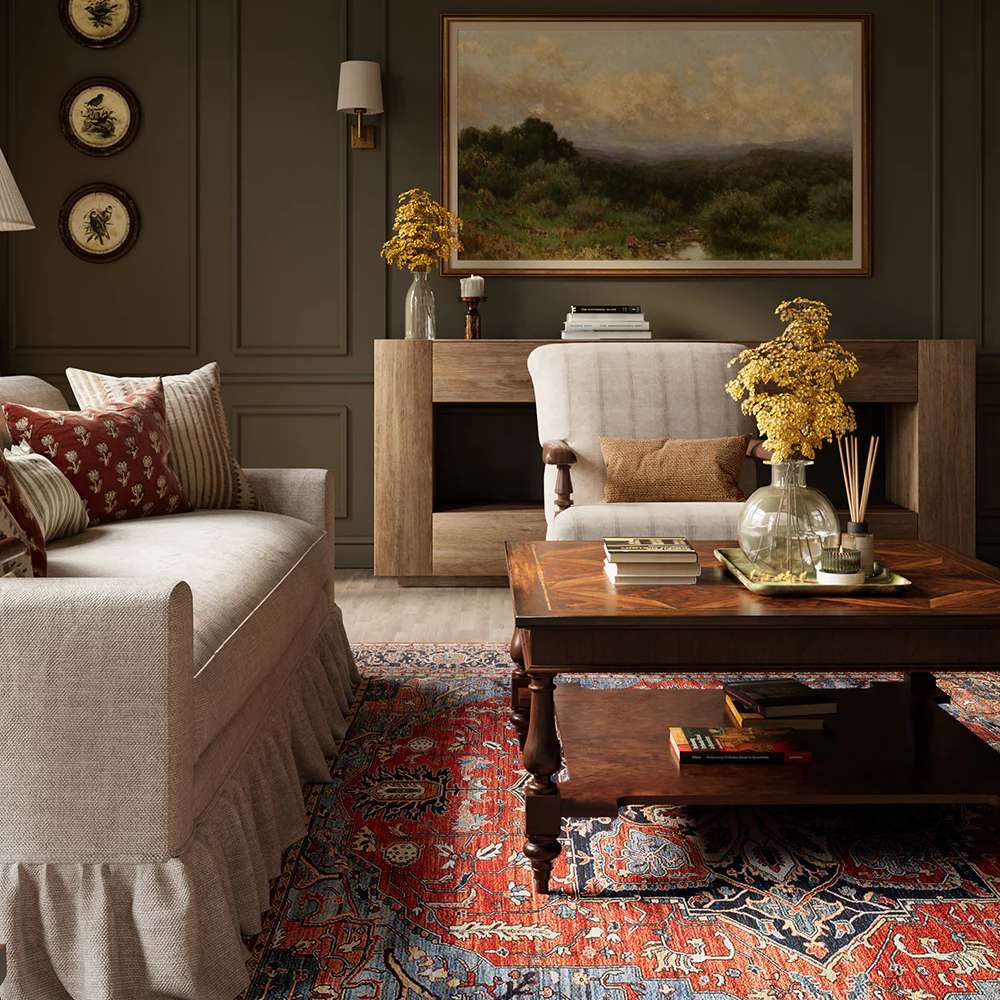 Styled with neutral furniture, Momeni Afshar Indoor Rug - AFS37 Red creates a sophisticated focal point in a warm, classic living space