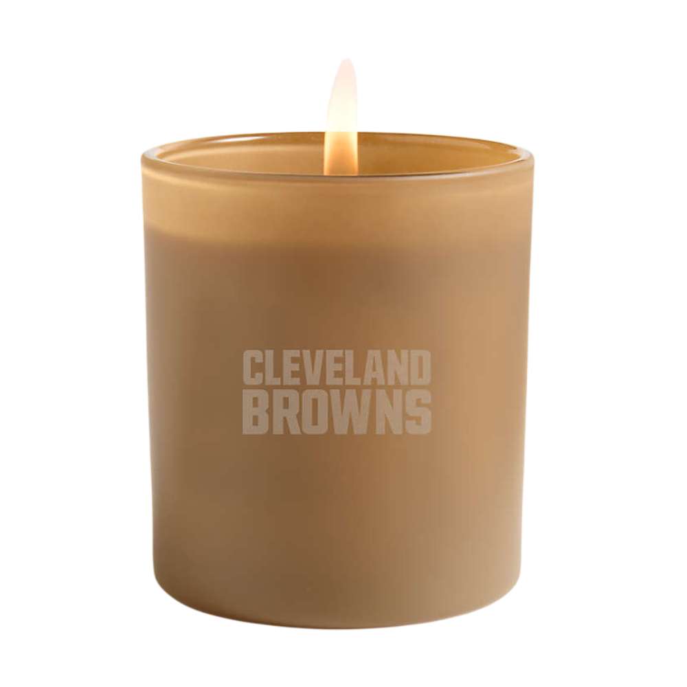 Suede brown single-wick Crate & Barrel Monochrome Scented Candle featuring Cleveland Browns lettering on the front