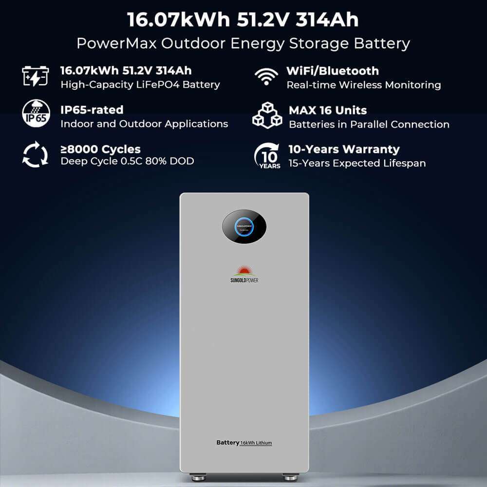 Sun Gold Power 10000W 48VDC 120V/240V LifePo4 20.48KWH Lithium Battery Off-Grid Solar Kit features a 16.07kWh outdoor LiFePO4 battery with wireless monitoring