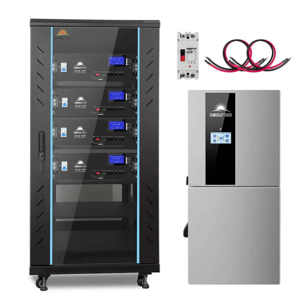 Sun Gold Power 11400W 48V Split Phase 20.48KWH Lithium Battery Hybrid Solar Kit SGH-11N2E-s with the battery cabinet, hybrid inverter, circuit breaker, and battery cables displayed separately