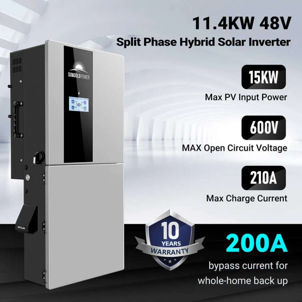 Sun Gold Power 11400W 48V Split Phase 20.48KWH Lithium Battery Hybrid Solar Kit featuring the 11.4KW 48V split phase hybrid solar inverter with key power and charging specifications