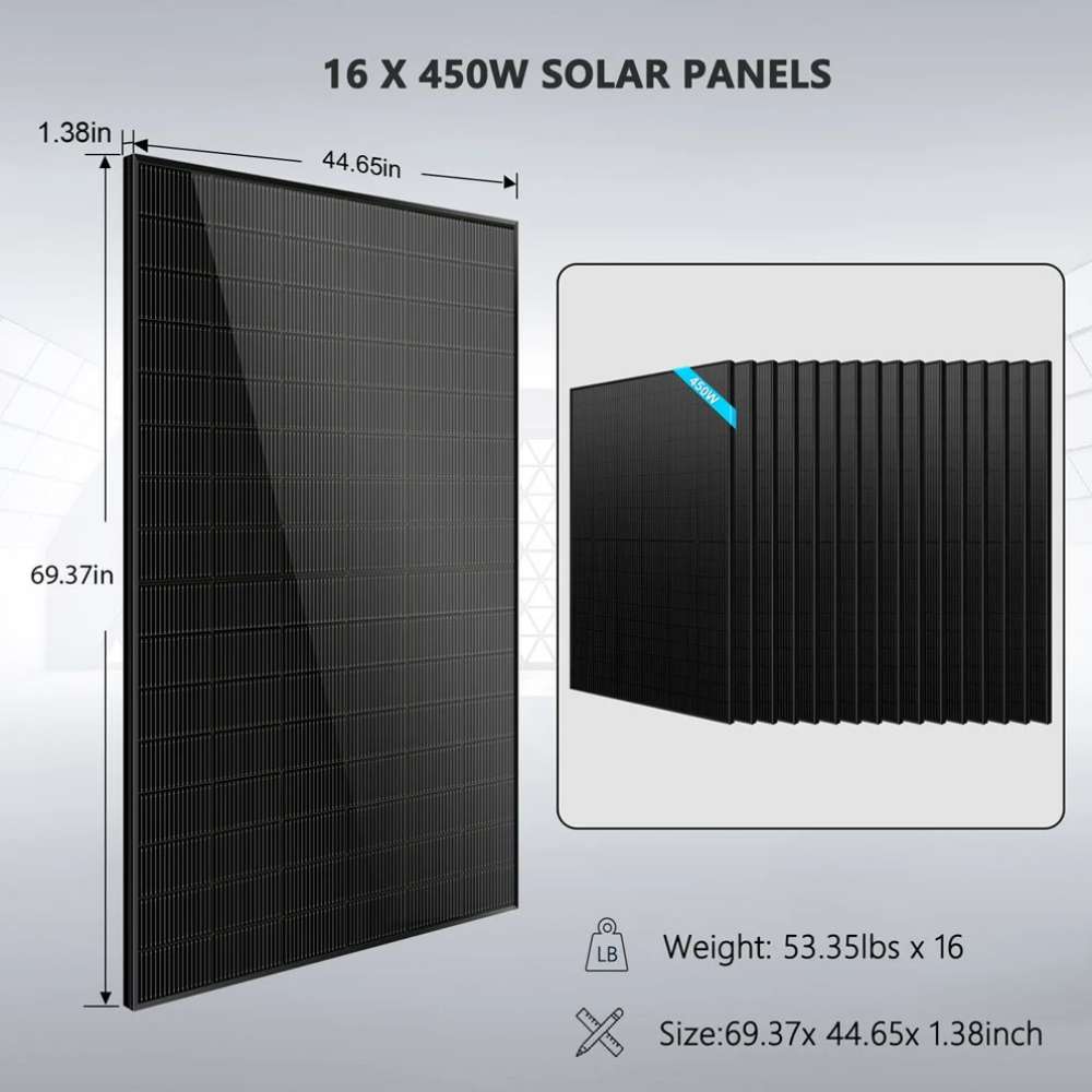 Sun Gold Power 11400W 48V Split Phase 20.48KWH Lithium Battery Hybrid Solar Kit with sixteen 450W black solar panels, showing the dimensions and weight of each panel
