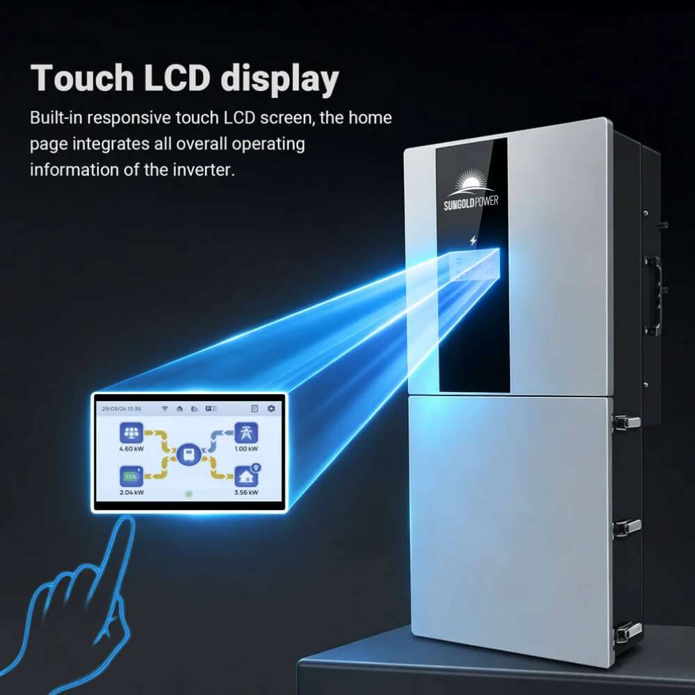 Sun Gold Power 11400W 48V Split Phase Hybrid Solar Inverter features a responsive touch LCD for easy system monitoring