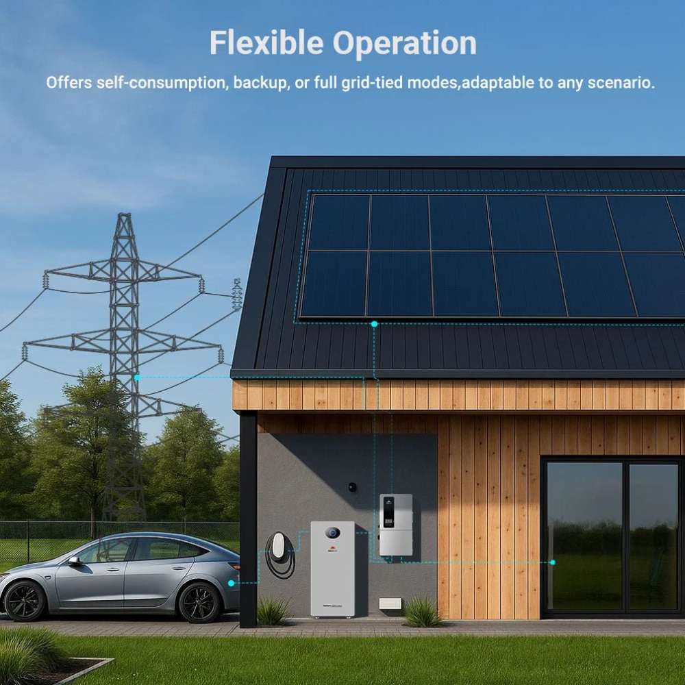 Sun Gold Power 12000W 48V All-in-One Hybrid Solar Inverter installed on a home with solar panels, battery storage, and grid connection