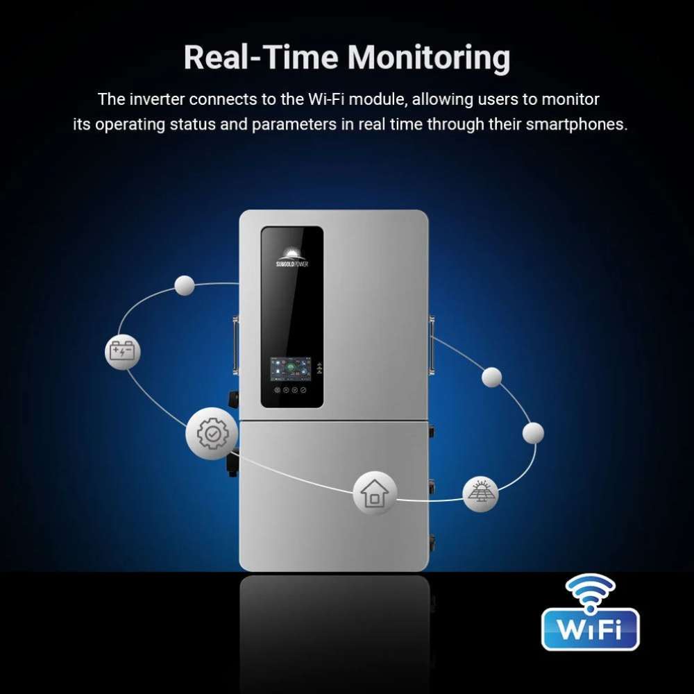 Sun Gold Power 12000W 48V All-in-One Hybrid Solar Inverter supports Wi-Fi monitoring so users can view system status and performance from a smartphone