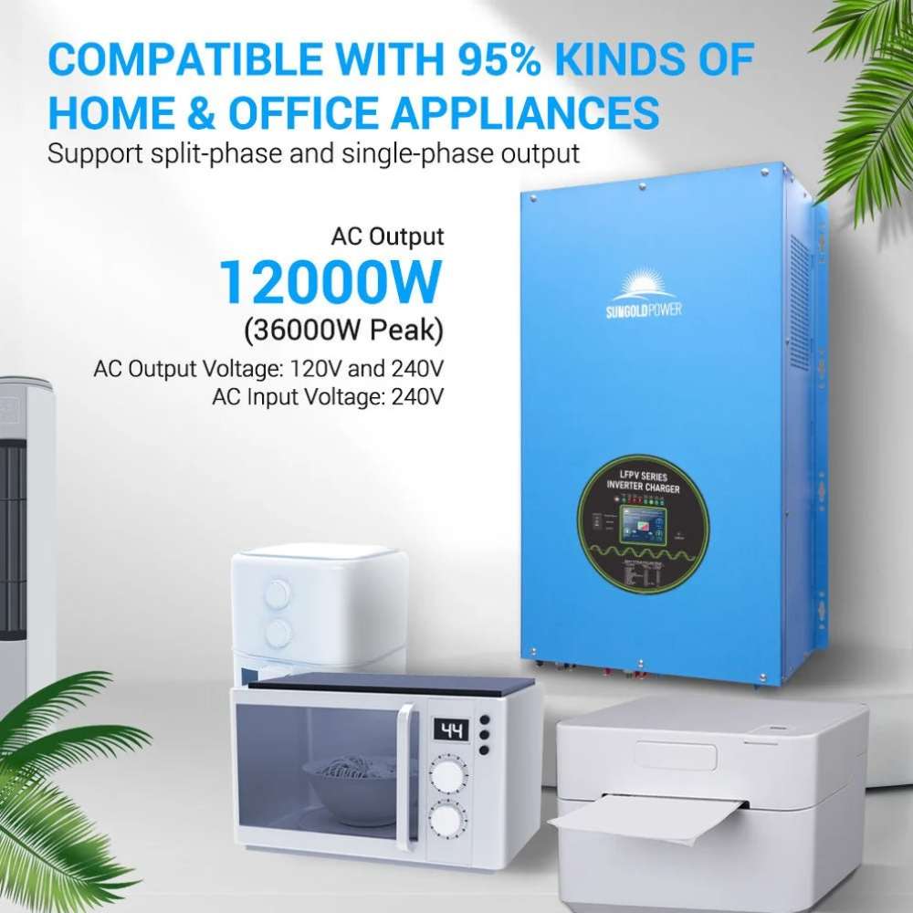 Sun Gold Power 12000W 48V Split Phase Pure Sine Wave Inverter Charger powering common home and office appliances with 120V and 240V output