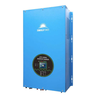 Sun Gold Power 12000W 48V Split Phase Pure Sine Wave Inverter Charger shown from the front with a blue metal housing and built-in display panel