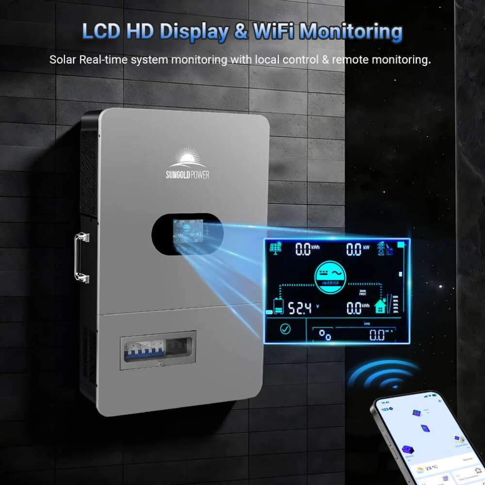 Sun Gold Power 12000W All-in-One Off-Grid Solar Inverter with an LCD display, built-in WiFi monitoring, and a smartphone app for real-time system tracking