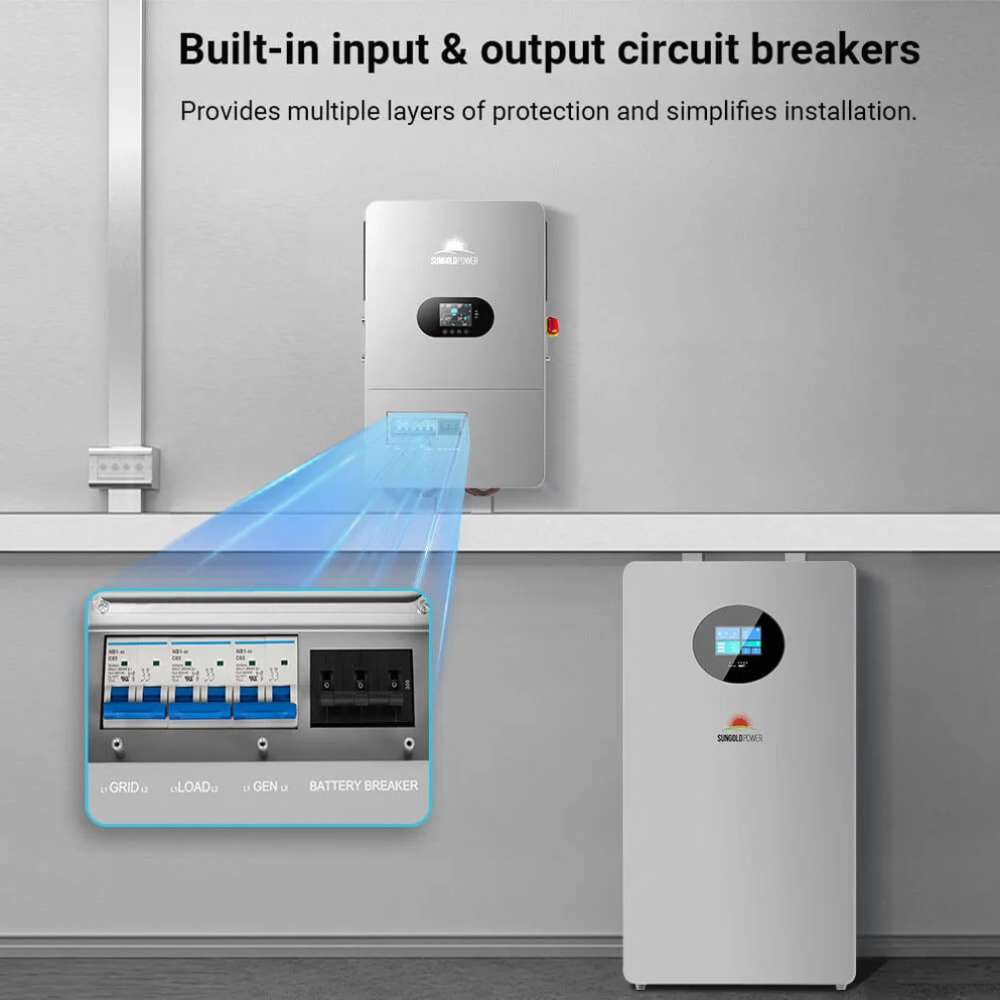 Sun Gold Power 12000W All-in-One Off-Grid Solar Inverter with built-in input and output circuit breakers for simplified installation and protection
