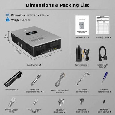 Sun Gold Power 12000W All-in-One Off-Grid Solar Inverter with its dimensions and included accessories such as WiFi logger, cables, mounting hardware, and manuals