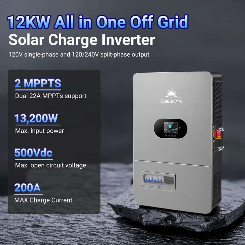 Sun Gold Power 12000W All-in-One Off-Grid Solar Inverter with key specifications including dual MPPTs, 13,200W PV input, 500V DC input, and 200A charging capacity