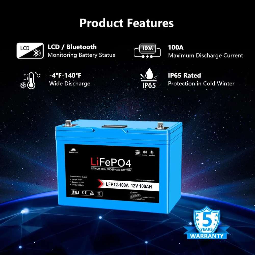 Sun Gold Power 12V 100Ah LiFePO4 Deep Cycle Lithium Battery shown with Bluetooth monitoring, 100A discharge, IP65 protection, and a five-year warranty
