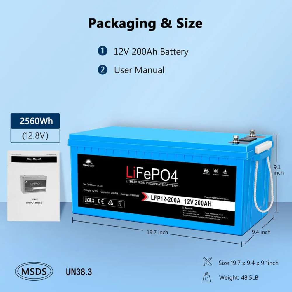 Sun Gold Power 12V 200Ah LiFePO4 Deep Cycle Lithium Battery beside its user manual with dimensions, weight, and package contents displayed