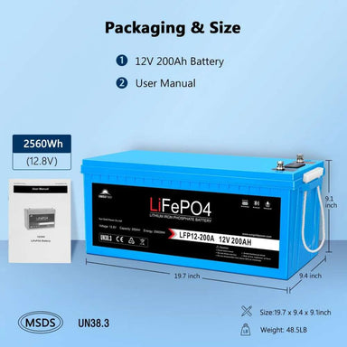 Sun Gold Power 12V 200Ah LiFePO4 Deep Cycle Lithium Battery beside its user manual with dimensions, weight, and package contents displayed