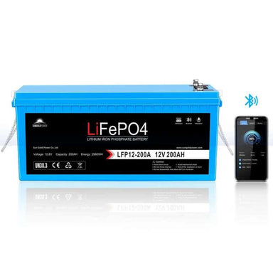 Sun Gold Power 12V 200Ah LiFePO4 Deep Cycle Lithium Battery on a white background next to a smartphone showing Bluetooth battery status