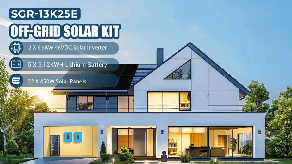 Sun Gold Power 13000W 48VDC 120V/240V LiFePO4 25.6KWH Lithium Battery 9900W Solar Panel Off-Grid Solar Kit powers a modern solar-equipped home