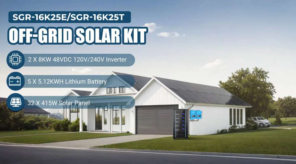 Sun Gold Power 16000W 48VDC 120V/240V LiFePO4 25.6KHW Lithium Battery Off-Grid Solar Kit shown powering a home with 32 solar panels, dual 8KW inverters, and five lithium batteries