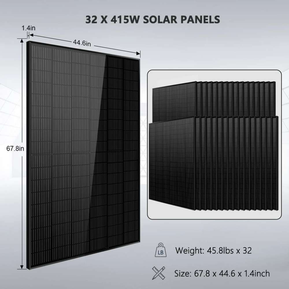 Sun Gold Power 16000W 48VDC 120V/240V LiFePO4 25.6KHW Lithium Battery Off-Grid Solar Kit with 32 black 415W solar panels