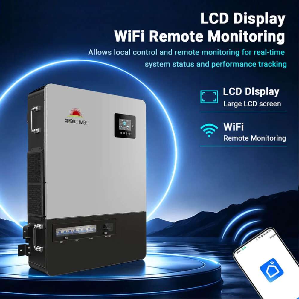 Sun Gold Power 18000W 48V Commercial Three-Phase All-in-One Solar Charge Inverter featuring an LCD display and WiFi remote monitoring for real-time system tracking