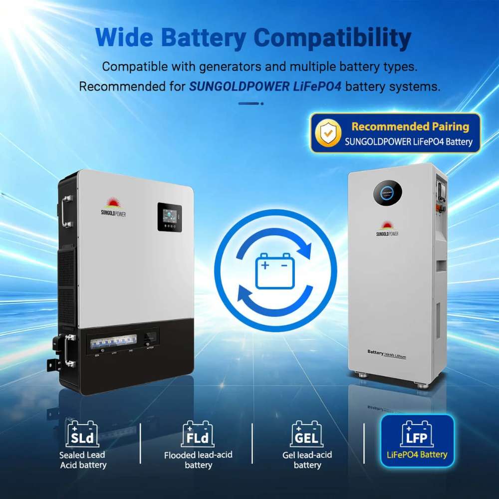 Sun Gold Power 18000W 48V Commercial Three-Phase All-in-One Solar Charge Inverter shown with compatibility for sealed lead-acid, flooded, gel, and LiFePO4 batteries