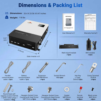 Sun Gold Power 18000W 48V Commercial Three-Phase All-in-One Solar Charge Inverter with its dimensions and included accessories such as a WiFi module, wall bracket, cables, hardware, and user manual