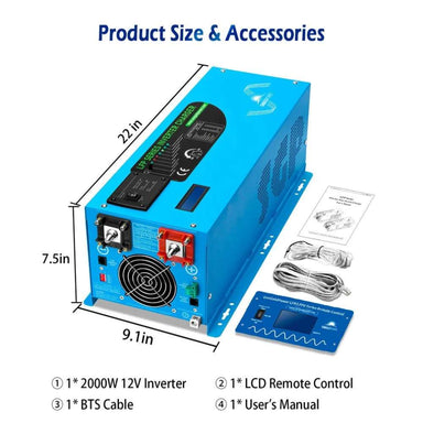 Sun Gold Power 2000W DC 12V Pure Sine Wave Inverter With Charger displayed with its dimensions, LCD remote control, battery temperature sensor cable, and user manual
