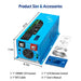 Sun Gold Power 2000W DC 12V Pure Sine Wave Inverter With Charger displayed with its dimensions, LCD remote control, battery temperature sensor cable, and user manual