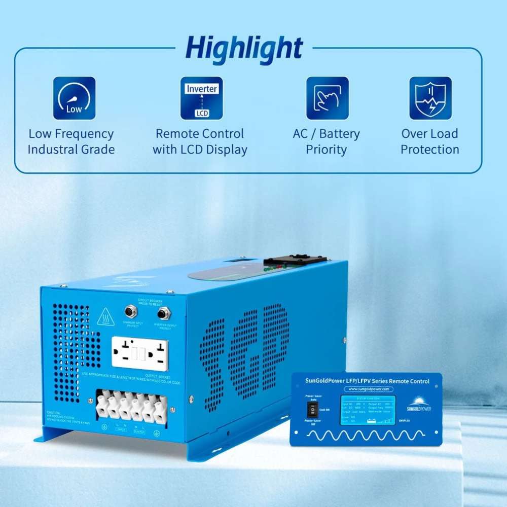 Sun Gold Power 2000W DC 12V Pure Sine Wave Inverter With Charger featuring low-frequency design, LCD remote control, AC or battery priority, and overload protection