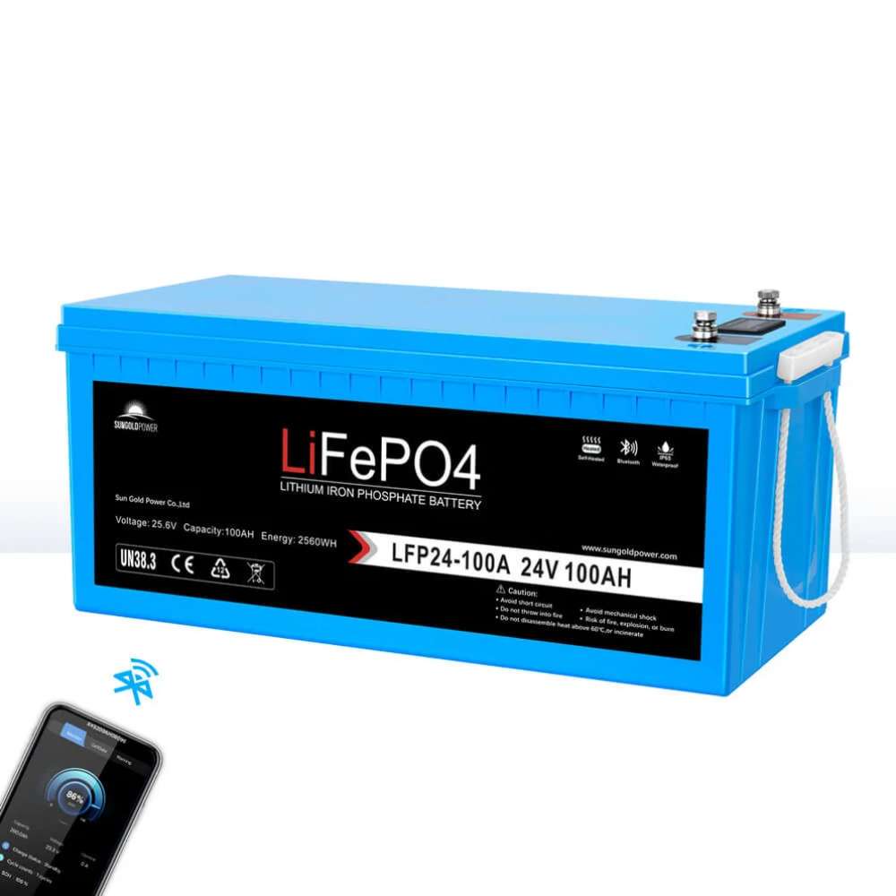 Sun Gold Power 24V 100Ah LiFePO4 Deep Cycle Lithium Battery is shown on a white background with a smartphone app illustrating Bluetooth battery monitoring