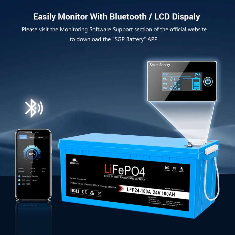 Sun Gold Power 24V 100Ah LiFePO4 Deep Cycle Lithium Battery is shown with Bluetooth app connectivity and an LCD display for monitoring battery status