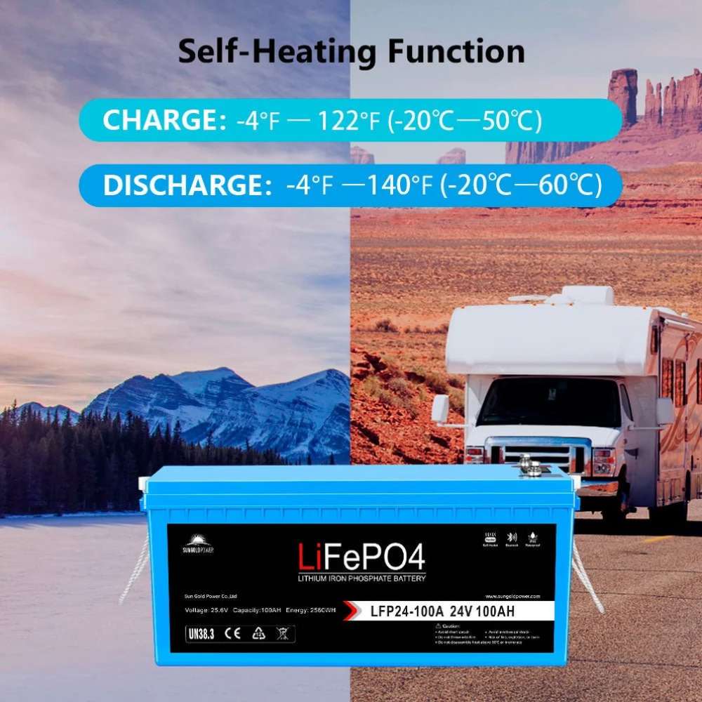 Sun Gold Power 24V 100Ah LiFePO4 Deep Cycle Lithium Battery is shown with its self-heating function and charging and discharging temperature ranges for cold and hot environments