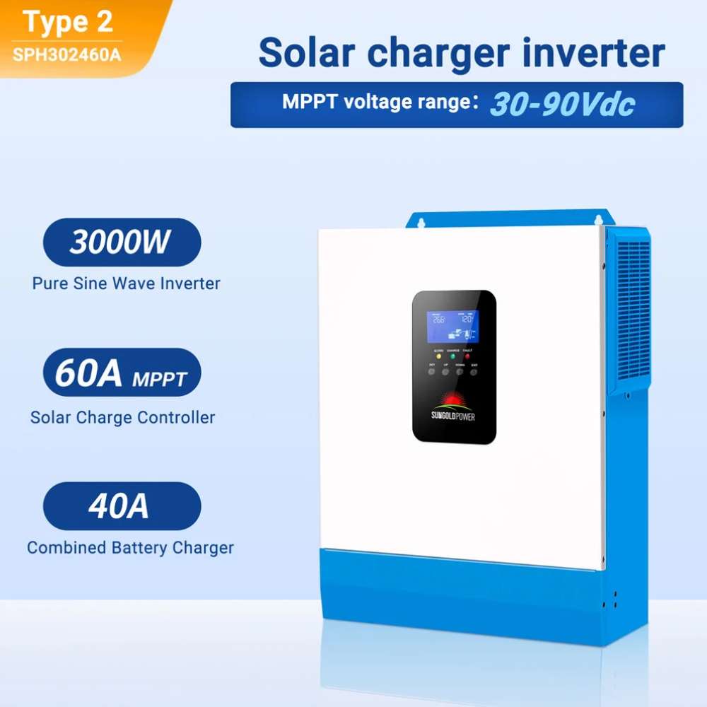 Sun Gold Power 3000W 24V Solar Inverter Charger with a 3000W pure sine wave inverter, 60A MPPT controller, 40A battery charger, and key voltage specifications displayed